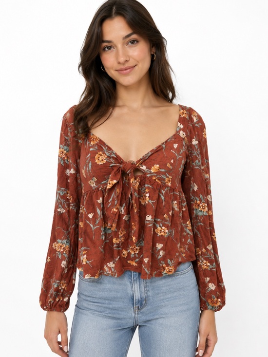 American Eagle Outfitters Tops - AMERICAN EAGLE Rust Colored Floral Tie Front Crop Top